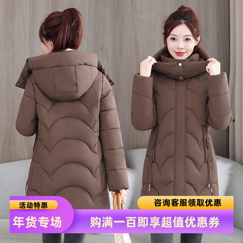 棉衣工装女中长款2025年冬季过膝韩版时尚棉服女大码修身棉袄外套
