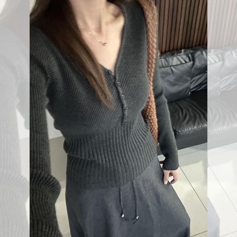 韩系灰色领针织打底衫女内搭秋冬