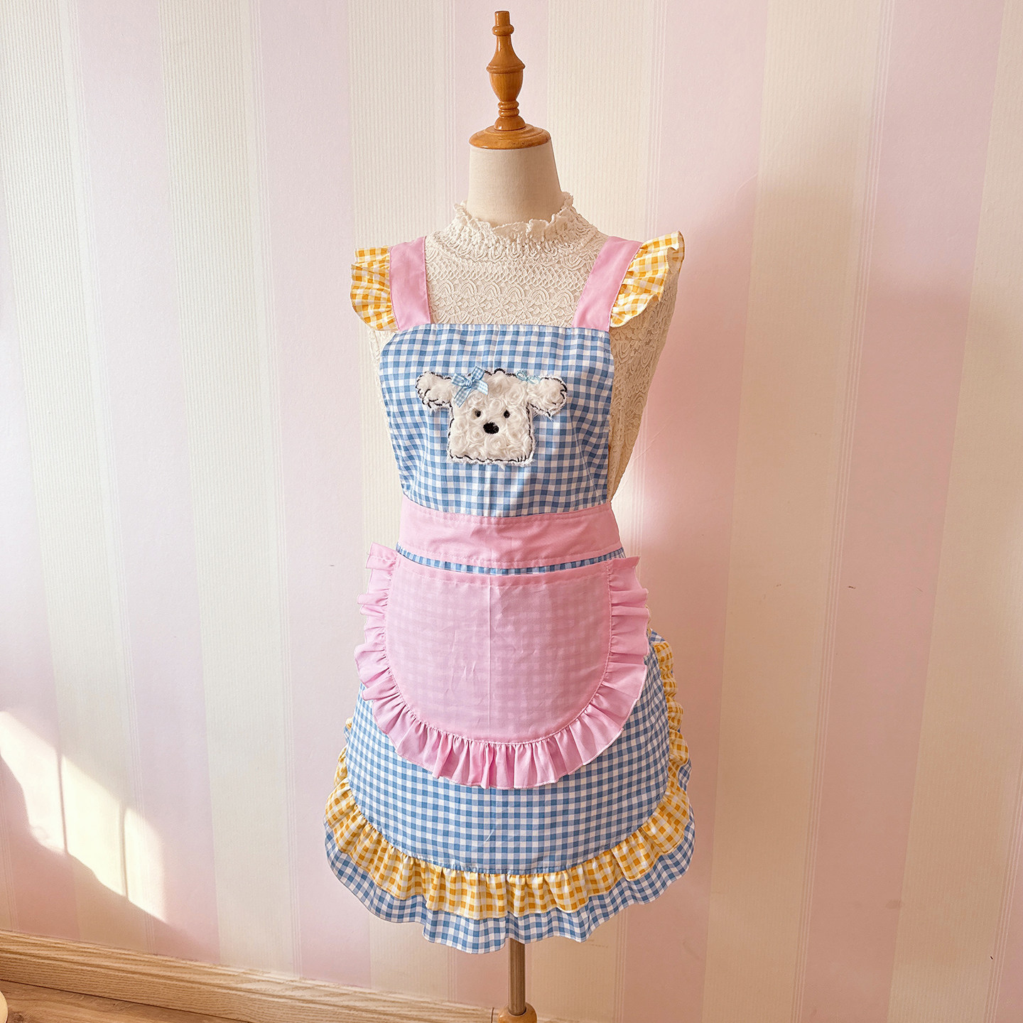 韩版日系甜美可爱蓝格子小狗狗围裙女少女荷叶边防污厨房烘焙围裙,家庭/个人清洁工具,围裙,淘宝优惠券,粉丝福利购,淘宝优惠卷