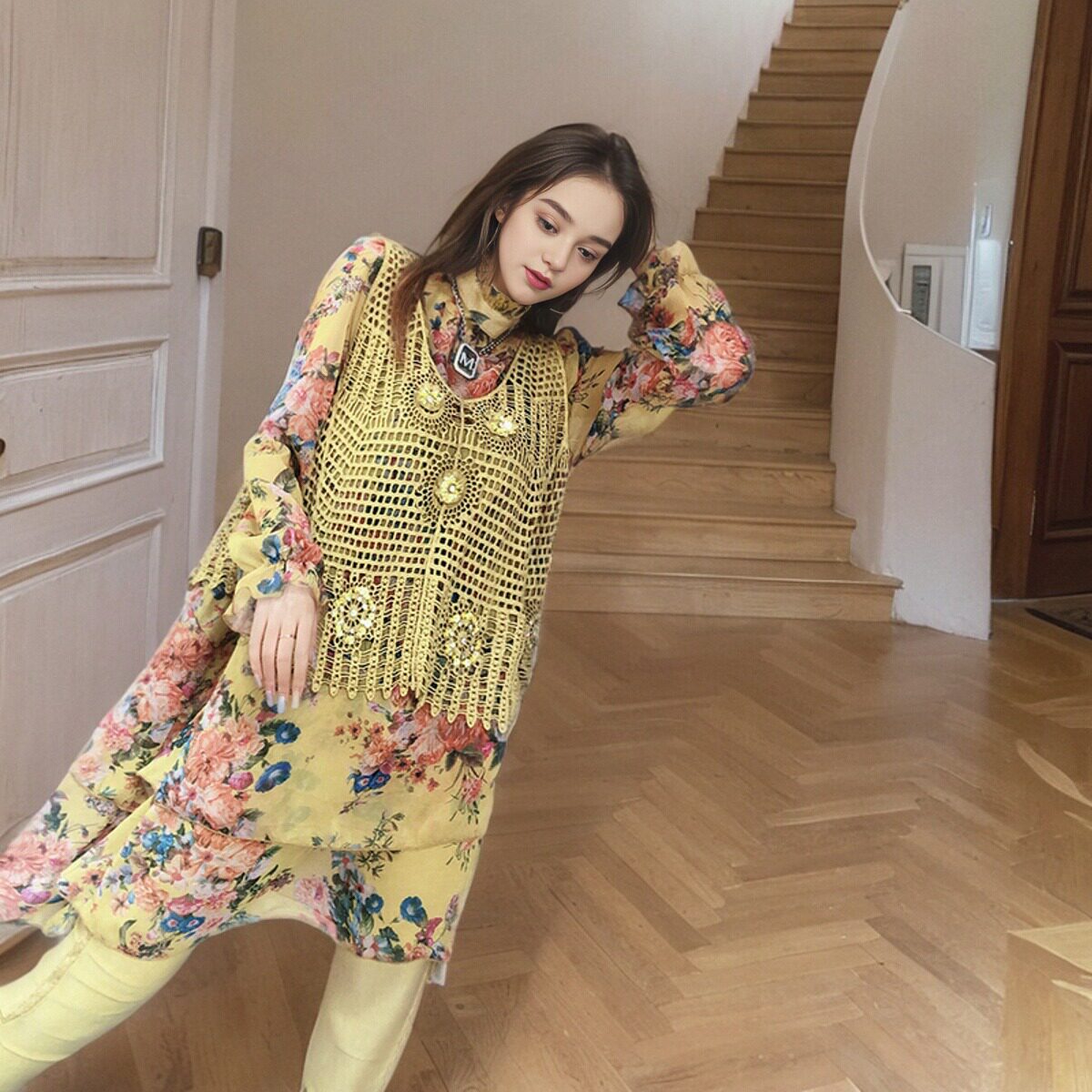 民族风碎花高领复古长袖衬衫女显瘦中长款两件套衬衣马甲宽松遮肚