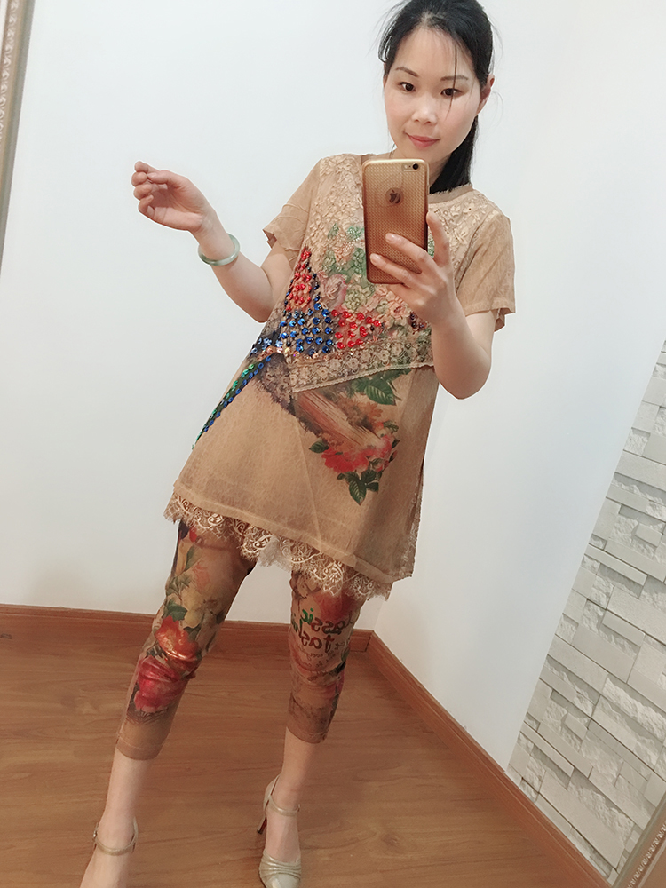 民族风印花套头蕾丝拼接雪纺衫女士夏季宽松短袖缝珠上衣做旧复古
