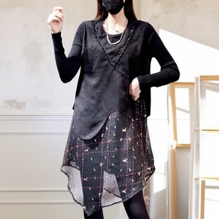 潮 加绒打底衫 拼接套头鹿皮绒拼雪纺假两件上衣长袖 宽松圆领中长款