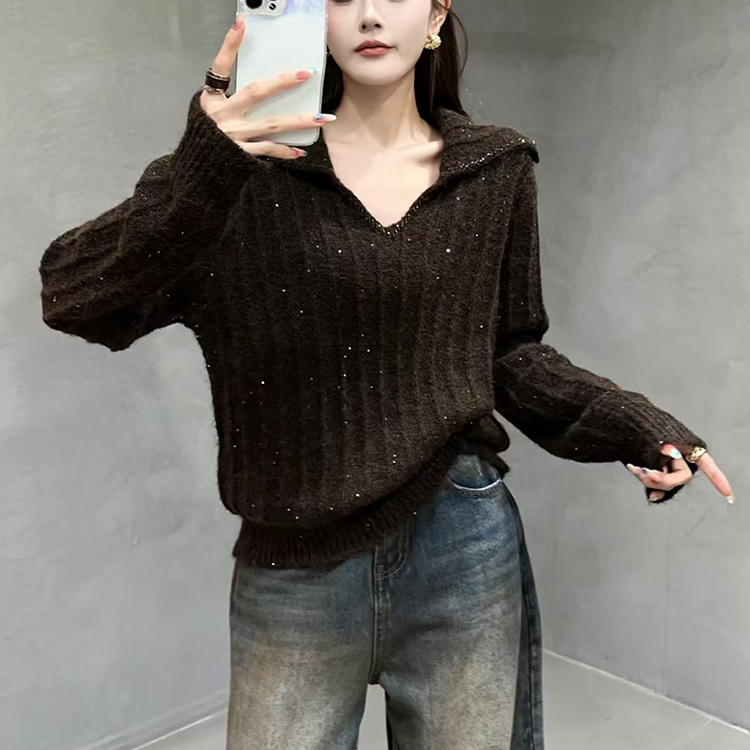 时尚百搭V领亮片针织衫