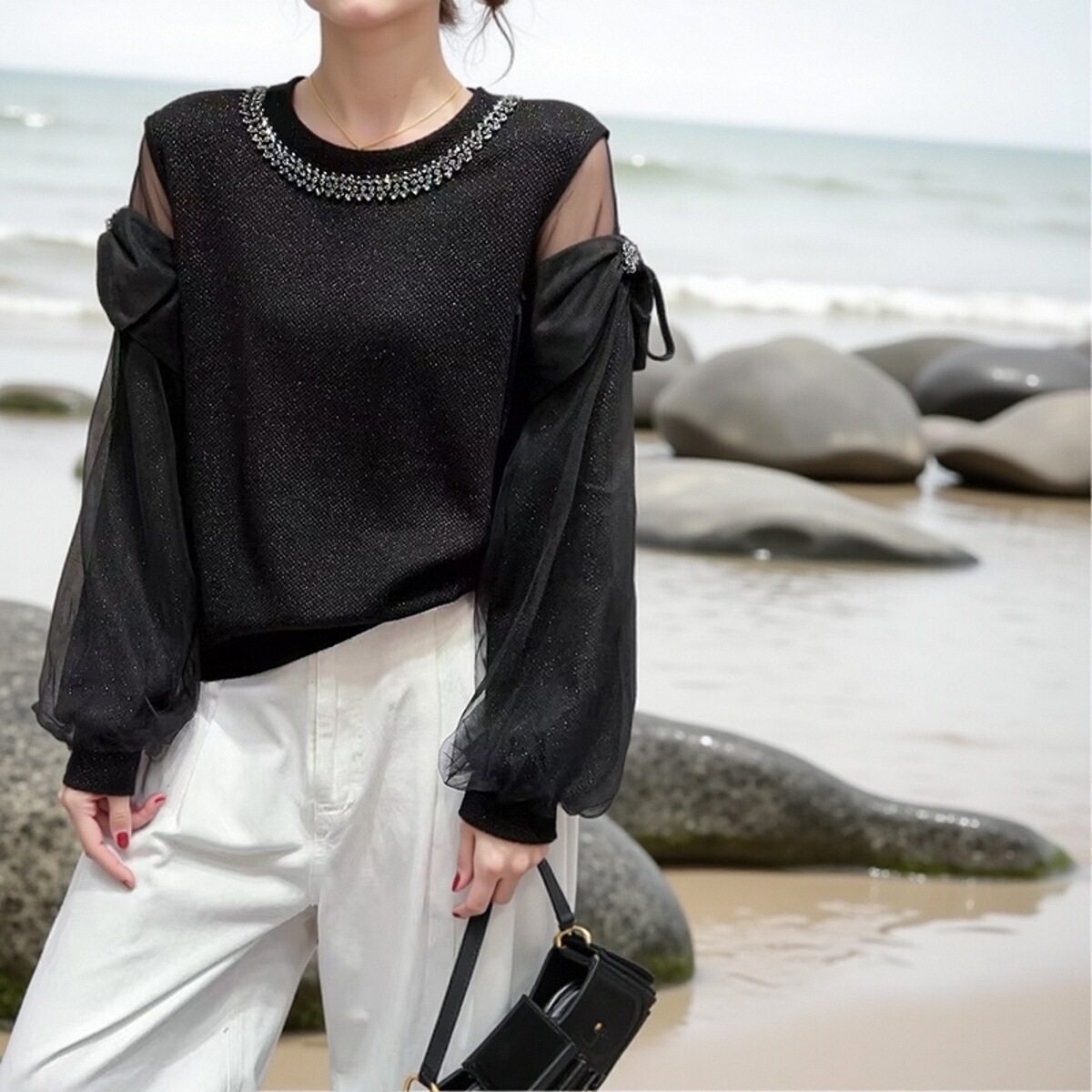 慵懒风复古圆领流苏亮片毛衣女秋冬时尚宽松显瘦长袖套头针织上衣