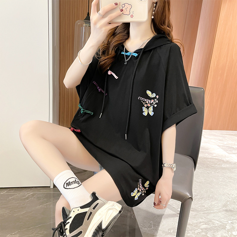 2025新款200斤胖MM连帽卫衣女夏季薄款宽松遮肚显瘦中长款短袖T恤