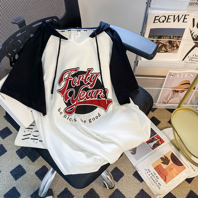 连帽短袖T恤女纯棉2023年夏季