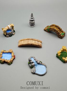 微景观摆件小号复古西湖灯塔 水井水池 小桥流水树脂场景桌面模型