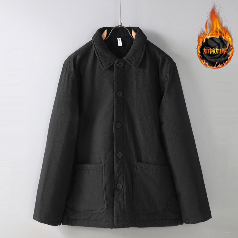 秋冬季新款翻领羽绒棉服男加棉加厚保暖纯色休闲棉衣袄子外套男装