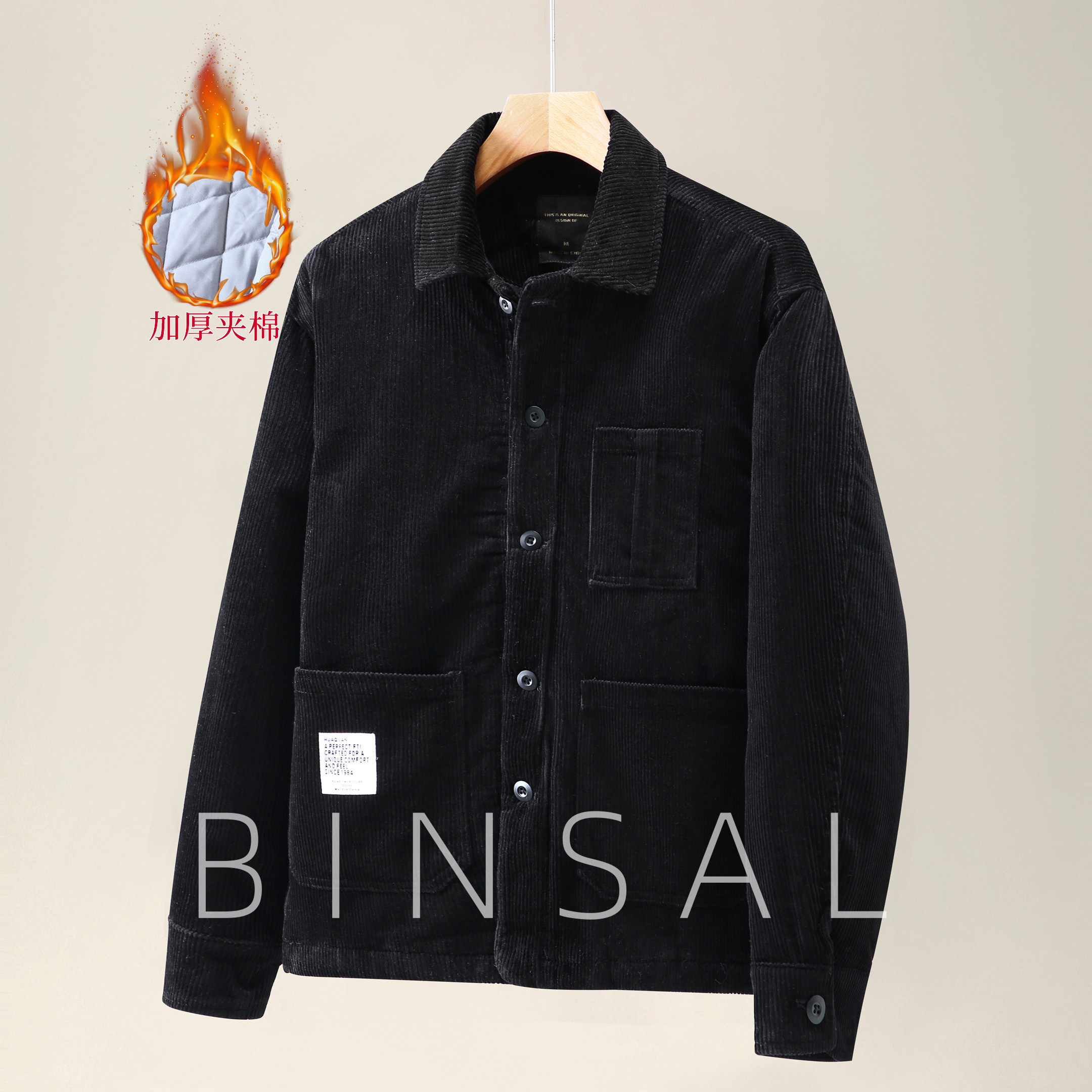 秋冬全棉灯芯绒工装羽绒棉服老钱风加棉加厚保暖条绒棉衣袄子外套