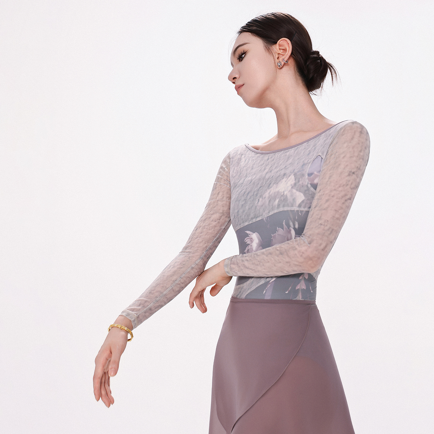 danzbaby芭蕾舞练功服女体操服成人舞蹈服长袖印花网拼接体服B359