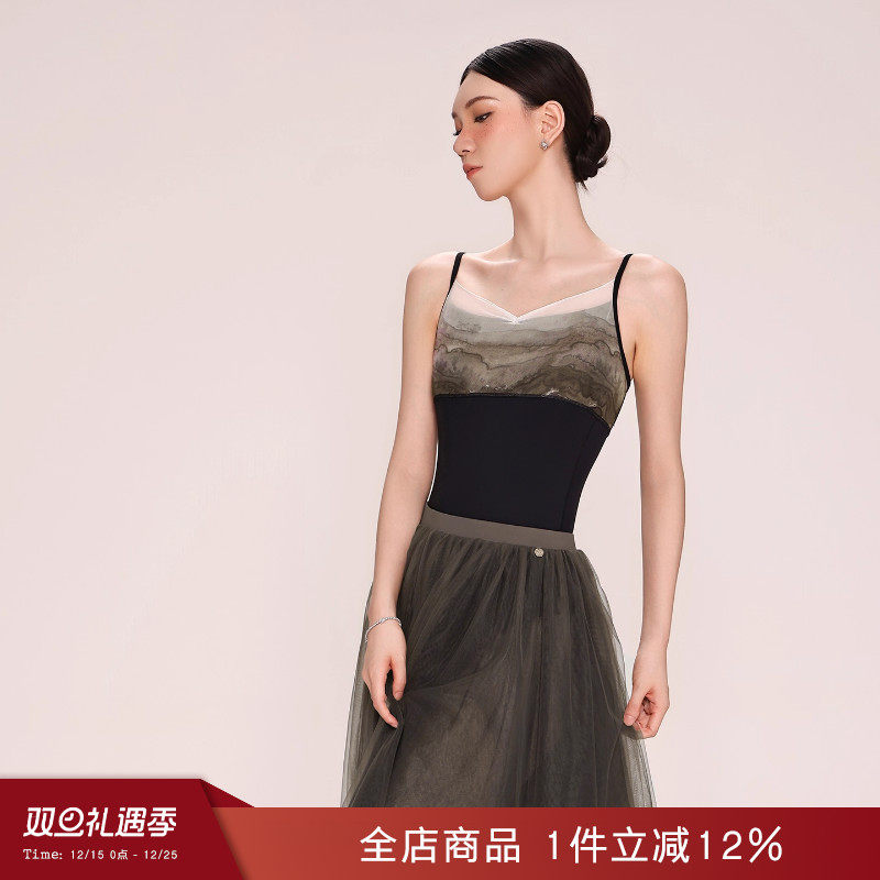 danzbaby芭蕾舞服女练功形体服成人瑜伽网纱拼接体服吊带体服B378