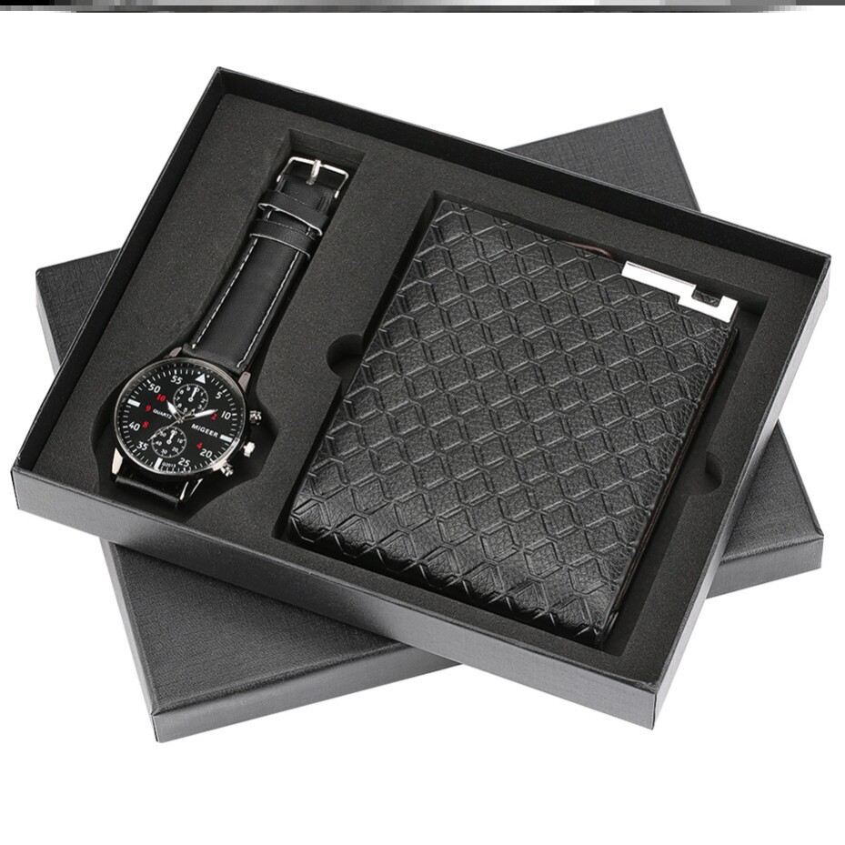wallet power bank large dial quartz watch gift for men 2pcs