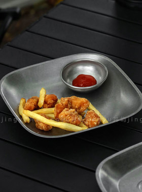 户外露营不锈钢餐盘食品级烤肉盘复古方形野餐金属水果小吃盘ins