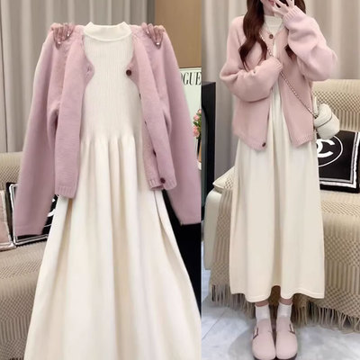 温柔风半高领针织连衣裙女秋冬2025新款大衣内搭打底小个子毛衣裙