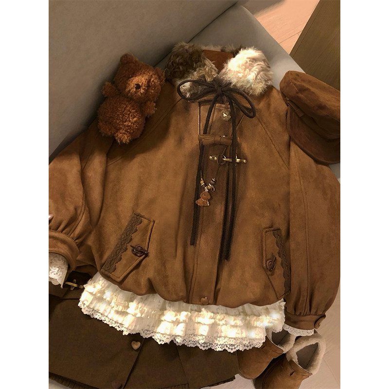 蝴蝶结毛领鹿皮绒棉服女冬季夹棉加厚保暖复古vintage宽松苞外套