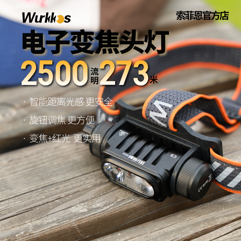 索菲恩HD16头灯多功能骑行调焦18650恒流2500lm无极调光红光可充
