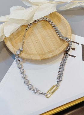 韩国东大门秋冬新款小众设计回形针水钻时尚夸张短款毛衣链项链女