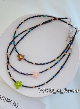 黑色水晶彩色串珠小花项链锁骨链