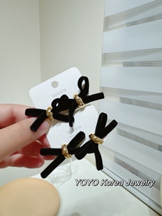 YOYO韩国进口QUEEN金属黑色丝绒蝴蝶结耳钉气质简约时尚耳环耳饰