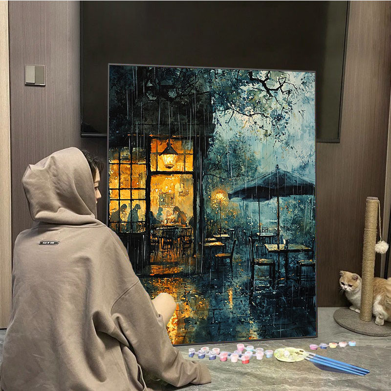 复古北欧风雨中咖啡店diy数字油画手工填充填色画画丙烯装饰画图片