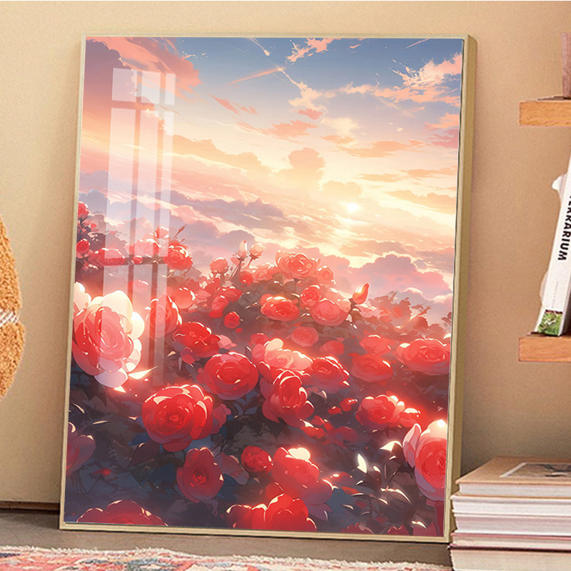玫瑰花海钻石画2025新款落日风景送女友贴钻画粘砖十字绣满钻带框