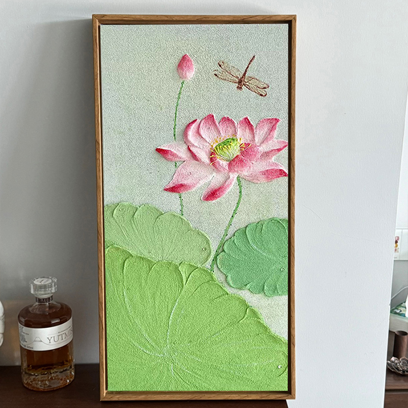 清新荷花石英砂肌理画diy材料全套数字油画手绘立体风景花卉装饰图片
