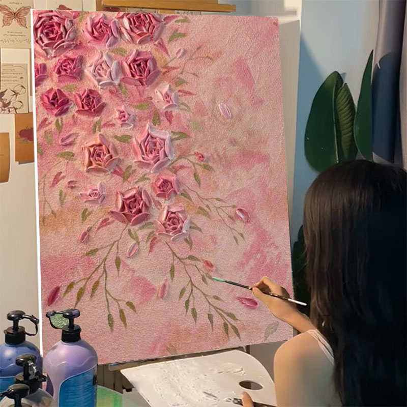 粉色蔷薇石英砂肌理画diy材料全套数字油画立体丙烯手绘花卉装饰图片