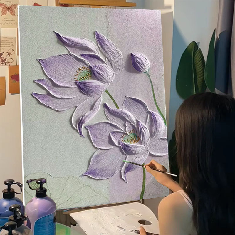 紫色荷花石英砂肌理画diy材料全套数字油画立体网红手绘花卉装饰图片