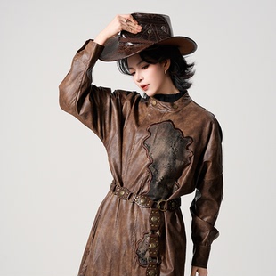 素风衣新中式 原创改良圆领汉元 棕色皮革风衣 编号101 等云来