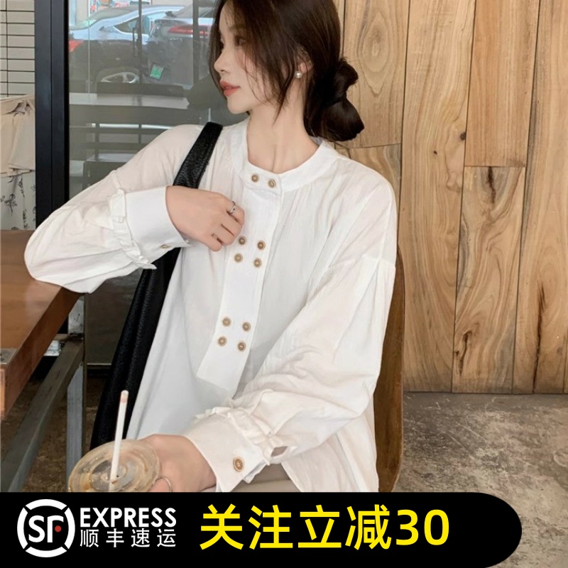 哥弟清仓官方2025春夏新款双排扣宽松长袖衬衫女百搭休闲衬衣