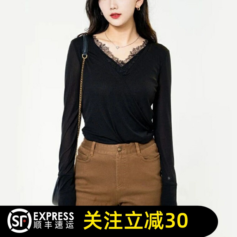 哥弟清仓官方2025年春秋季新款气质V领蕾丝拼接长袖T恤打底衫