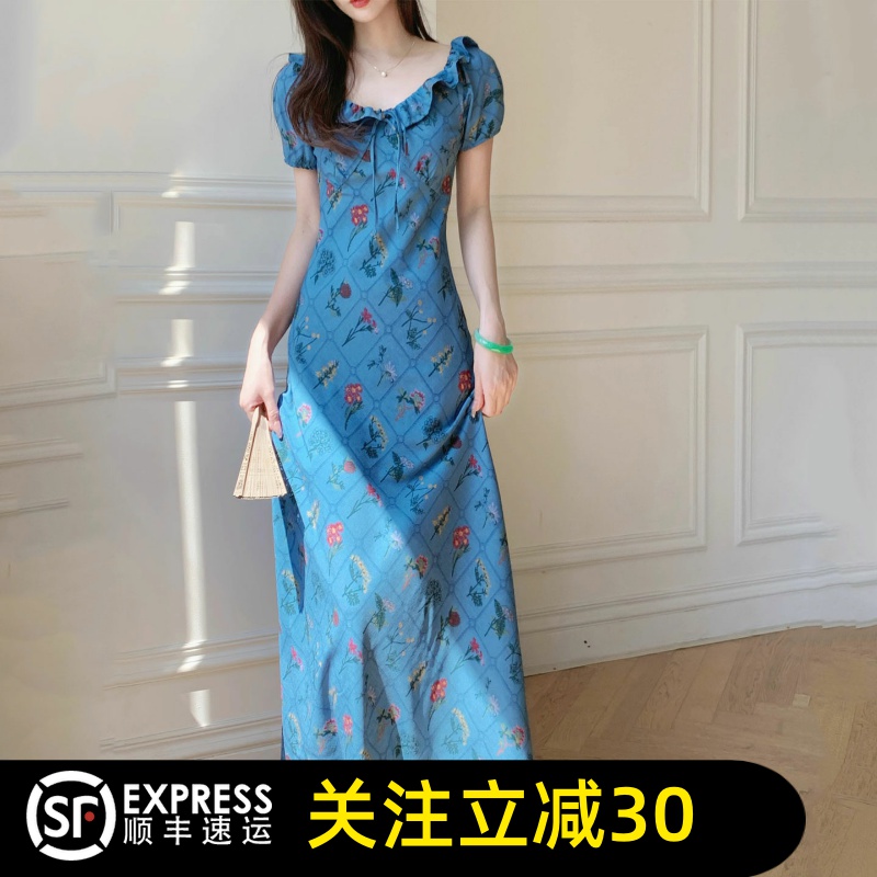 哥弟阿玛施正2025夏季新款气质碎花方领收腰显瘦短袖连衣裙女长裙