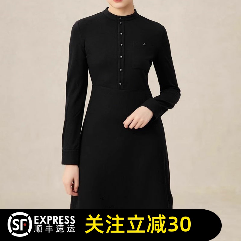 哥弟清仓2025春秋季新款长袖修身显瘦黑色圆领羊毛呢女连衣裙