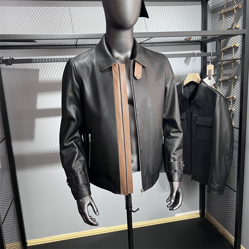 高级撞色机车风翻领绵羊皮皮衣