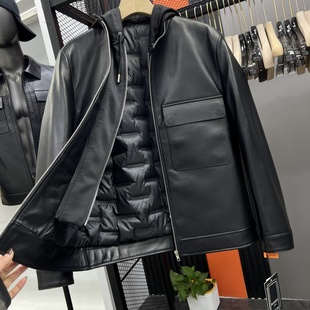 时尚 男士 可拆连帽真皮皮衣皮羽绒潮 琎口绵羊皮冬季 保暖羽绒内胆