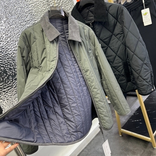 菱形格绗缝设计 秋冬款男士复古时尚轻便保暖衬衫式翻领棉服外套