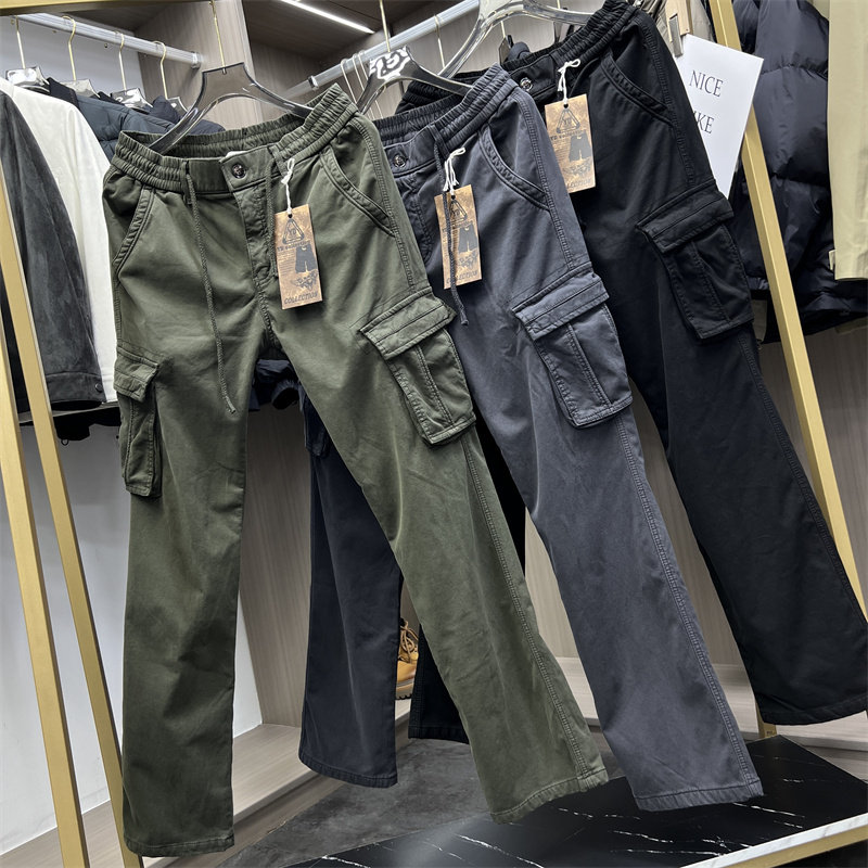 时尚复古加绒款直筒工装裤 冬季男士时尚多口袋加绒加厚工装长裤