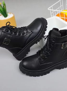 真软皮儿童靴子男童马丁靴女童加绒皮靴秋冬新款演出黑色皮鞋单靴