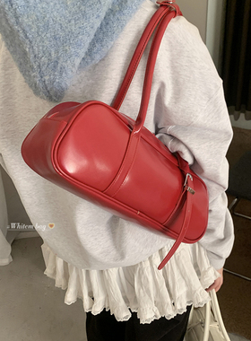 复古红色手提保龄球包包女2024新款潮时尚韩国腋下包大容量通勤包