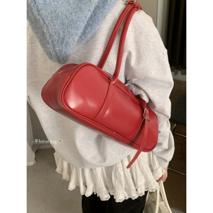 复古红色手提保龄球包包女2024新款 韩国腋下包大容量通勤包 潮时尚