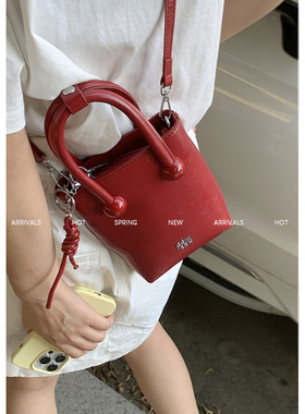 手拎小托特包包女2024新款潮韩国小方包百搭超火斜挎包红色包包