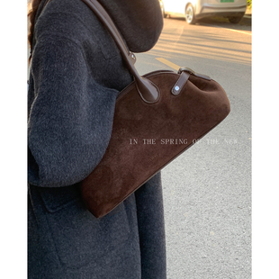 复古麂皮绒手提保龄球包包女2025新款潮时尚小众腋下包单肩通勤包