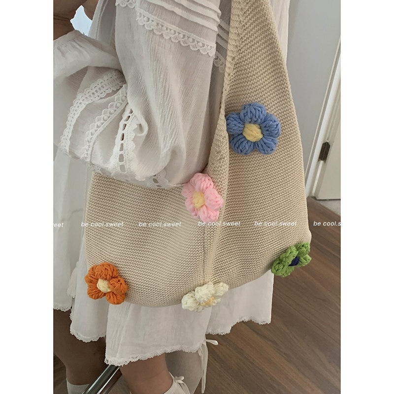 民族风花朵毛线包包女2024新款潮韩国手工编织包大容量单肩托特包,箱包皮具/热销女包/男包,托特包,淘宝优惠券,粉丝福利购,淘宝优惠卷