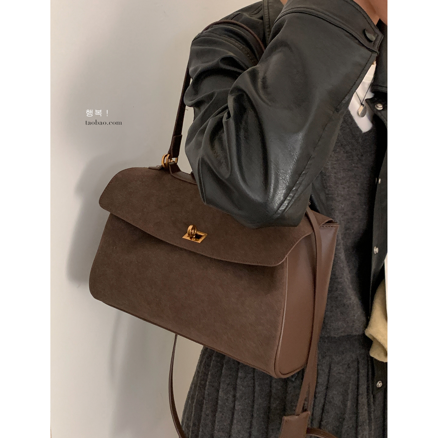 复古麂皮绒手提公文包包女冬季2025新款潮时尚凯莉包大容量通勤包