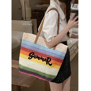 包包女2024新款 撞色草编包高级感百搭通勤单肩包托特包 夏天时尚
