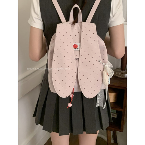 咔咔家甜美波点帆布兔子双肩包