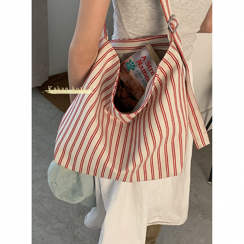 卡乐儿韩国条纹帆布包学院托特包