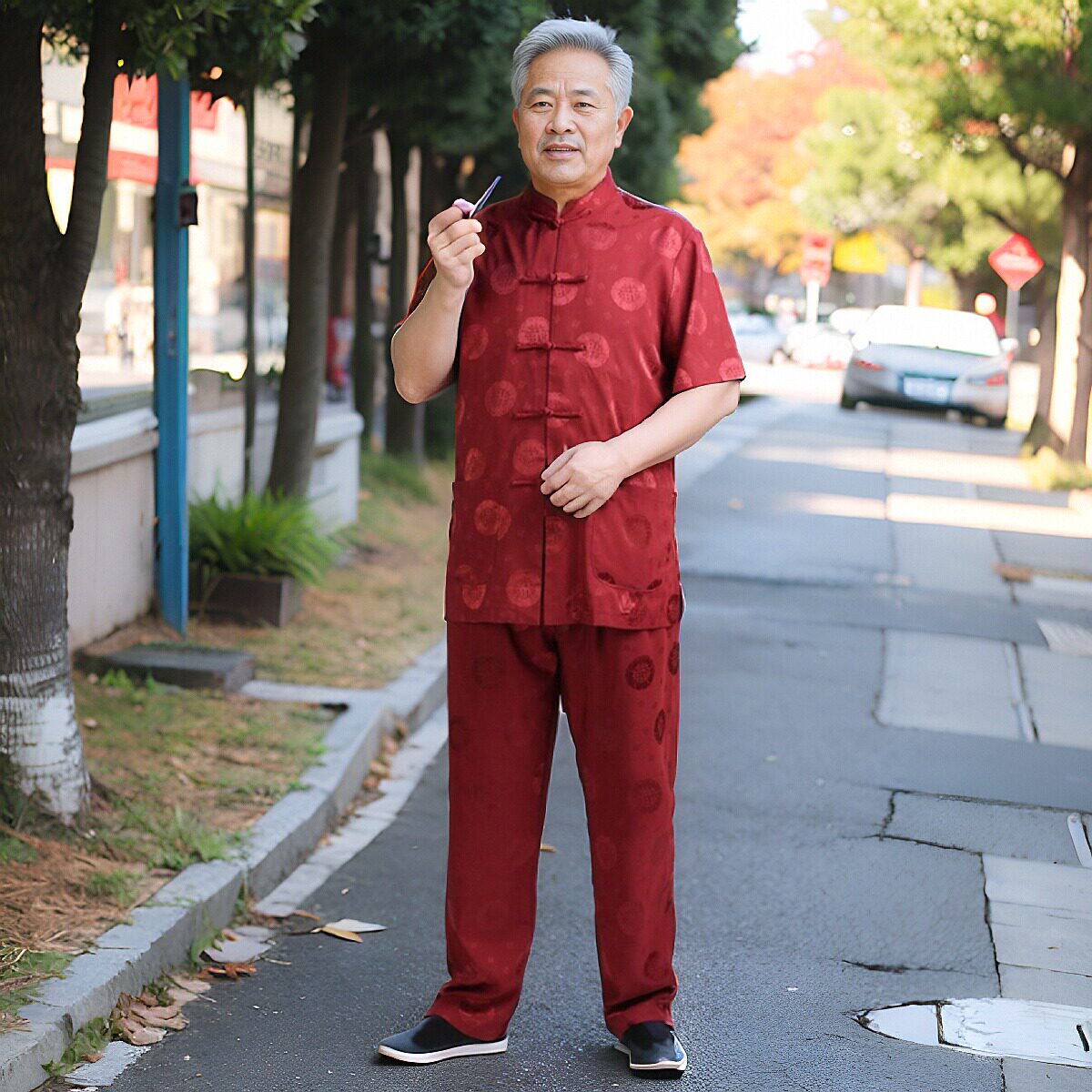 唐装男中老年爸爸夏季桑蚕丝套装老年人爷爷夏中国风生日短袖大码
