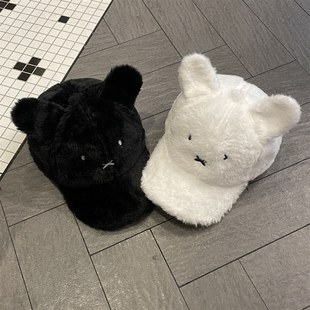 儿童可爱米菲兔毛绒鸭舌帽子宝宝秋冬季保暖男女童加厚亲子棒球帽