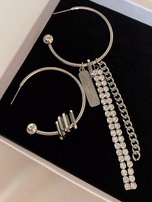 法国潮牌Justin不对称银色链条欧美耳环半圈街头嘻哈女圈圈耳饰